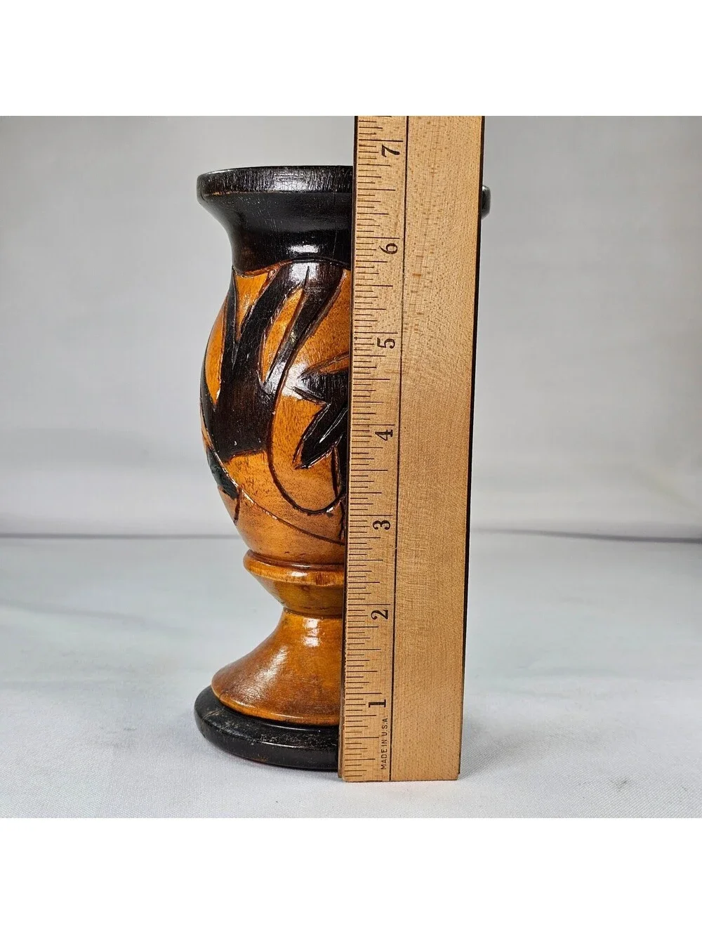 Vintage Hand Carved Wooden Vases Set of 2 Floral Etched Two Tone Black Natural